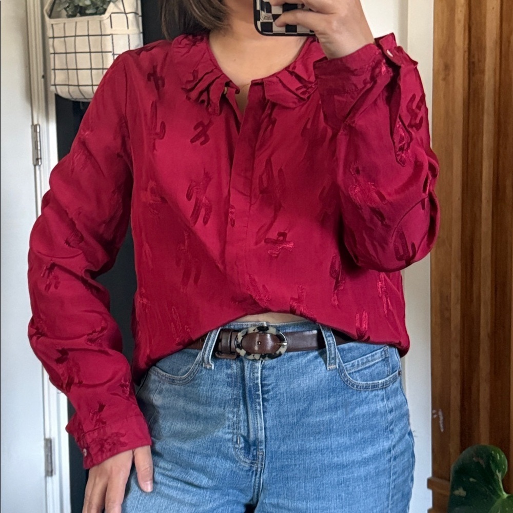 Anthropologie x Pepaloves Red Shirt 100% rayon Peter Pan Collar‎ the Blink. Sz L
